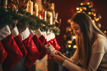 A young girl is holding a Christmas present near the fireplace with socks