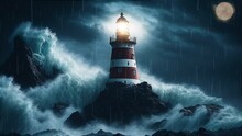 Lighthouse In The Middle Of A Storm Sea At Night.