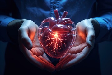 Lifeline in palms: A photorealistic human heart cradled in hands, glowing with vitality.