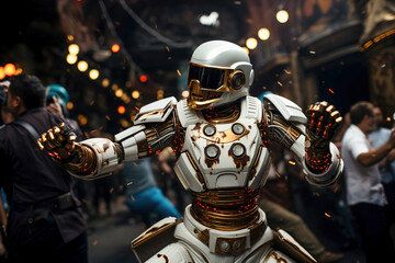 Robot standing in front of a crowd and dancing.