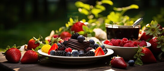 Poster - In summer, amidst the vibrant colors of nature, a beautiful table was adorned with a colorful array of fruits and healthy food. The red strawberries, luscious chocolate, and a variety of plants