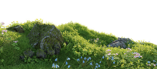 Wall Mural - Verdant Hill Blooming with Yellow Flowers in Spring. 3D render.