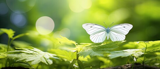 Canvas Print - In the enchanting garden of City, a young white butterfly flutters gracefully amidst the lush green grass and vibrant, colorful plants, its delicate, cute wings contrasting beautifully with the serene