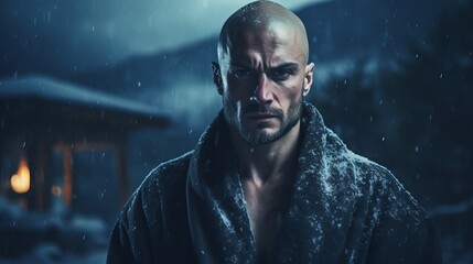 A muscular bald young man with brown eyes and beard, wearing a black bathrobe in the mountains in stormy snow at night, bluish and dark cinematic photography