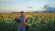Modern farmer checking quality of sunflower oil at a Helianthus field - 3D graphic