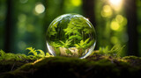 Fototapeta  - Glass globe encircled by verdant forest flora, symbolizing nature, environment, sustainability, ESG, and climate change awareness