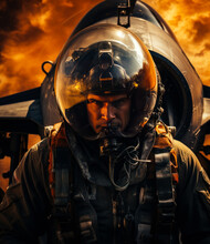 The Fearless Aviator: A Man In A Pilot's Helmet Confronting A Mighty Fighter Jet. A Man In A Pilot's Helmet Standing In Front Of A Fighter Jet