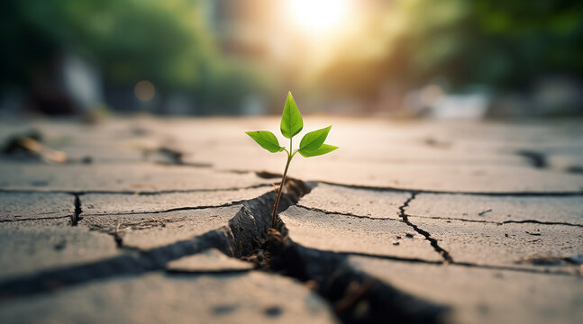 Green plant growing through the cracked concrete road, hope concept