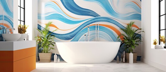 Poster - in the interior of the white bathroom, a striking abstract pattern of blue and orange is intricately