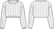 Women's Cable, Crop Jumper. Technical fashion illustration. Front and back, white color. Women's CAD mock-up.