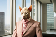 Generative AI Illustration Of A Contemplative Sphynx Cat In A Smart Pink Suit Standing Near Window In A Modern Office Room