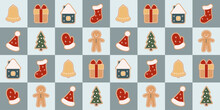 Seamless Pattern With Gingerbread. Christmas Background With Festive Elements.