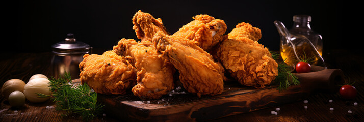 Wall Mural - Crispy fried chicken wings. Culinary photo, dark background. created with Generative AI	