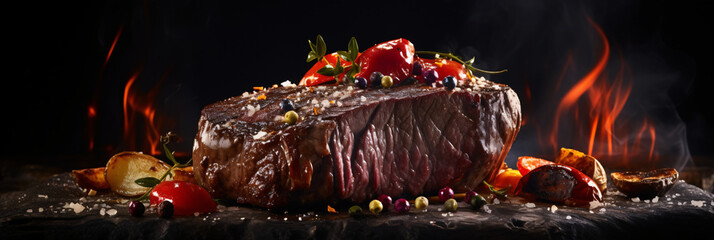 Wall Mural - Grilled beef steak with rosemary and vegetables on a black background. created with Generative AI	