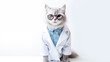 A cat doctor in a medical gown has a clinical stethoscope. White background. Isolated. Portrait of a beautiful cat with glasses. Portrait of a beautiful cat with glasses and a stethoscope.