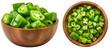 Green bell pepper pieces in a wooden bowl isolated on a transparent background, vegetable bundle