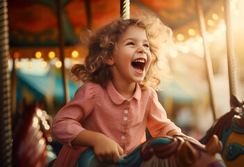 A happy young girl expressing excitement while on a colorful carousel, merry-go-round, having fun at an amusement park, happiness, bright childhood.