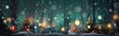 winter scenery with snowy Christmas trees and baubles on blurry background. Season greetings concept. Generative AI
