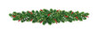 Christmas tree garland isolated on transparent background. Realistic pine tree branches with holly berry decoration. Vector border for holiday banners, party posters, cards, headers.
