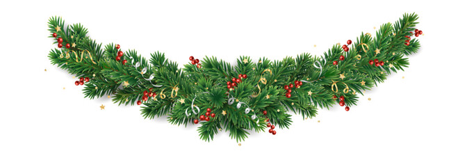 Wall Mural - Christmas tree garland isolated on transparent background. Realistic pine tree branches with holly berry decoration. Vector border for holiday banners, party posters, cards, headers.