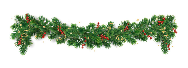 Wall Mural - Christmas tree garland isolated on transparent background. Realistic pine tree branches with holly berry decoration. Vector border for holiday banners, party posters, cards, headers.