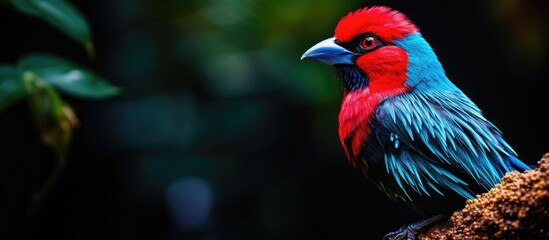 Canvas Print - The beautiful and colorful tropical bird with red feathers stands out against the black and blue portrait of nature, creating a stunning contrast natural environment of the forest garden.