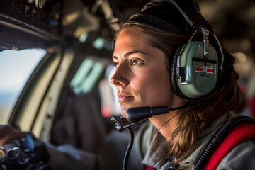 Wall Mural - A close-up of a woman helicopter pilot adjusting her headset.