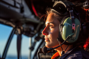 Wall Mural - A close-up of a woman helicopter pilot adjusting her headset.