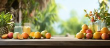 The lush summer garden displayed an array of tropical fruits on the wooden table, their vibrant colors and textures enticing anyone with their healthy, natural and organic appeal, ready to be