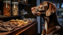Happy Dog At Table With Assortment Of Dog Treats