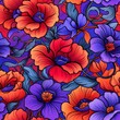 Vibrant botanical illustration seamless pattern with wild red and purple flowers for textile design