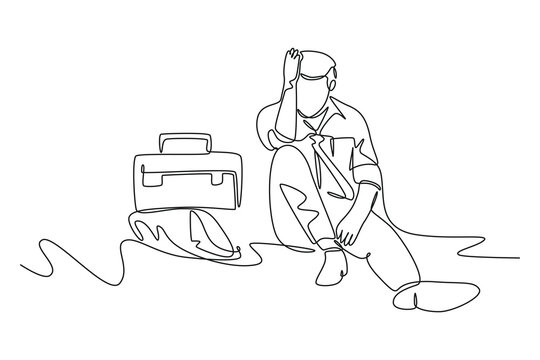 single one line drawing of depressed businessman with briefcase sitting in despair on floor. entrepr