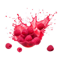 Wall Mural - Sweet fresh raspberry juice or jam falling splash with raspberry. Red berry juice splashing. Liquid healthy food or drink fruit design element. Generative AI