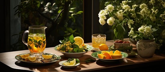 Canvas Print - In the serene embrace of nature, a table adorned with a vibrant green leaf placemat reflected the health-conscious choices - a steaming cup of lemon-infused green tea, a glass of refreshing water, and