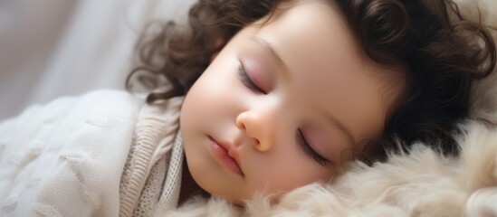 Canvas Print - The beautiful portrait captured the innocent and cute face of the sweet newborn baby girl, peacefully sleeping on a soft white rug, showcasing her flawless skin and radiating the beauty of childhood.