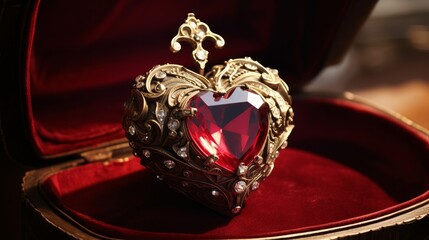 A heart-shaped ruby in an antique jewelry box AI generated illustration