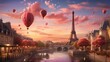 A scene of Paris with the Eiffel tower and heart balloons AI generated illustration