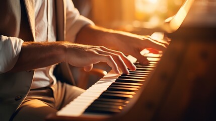 Poster - Caucasian pianist playing a chord with focus AI generated illustration