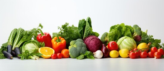  In the concept of a healthy diet, an array of colorful fruits and green vegetables are beautifully arranged on a white background, representing the connection between food, agriculture, and cooking
