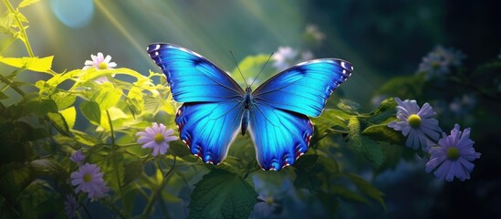 Wall Mural - In a beautiful garden, set against a backdrop of lush green grass and blooming flowers, a vibrant butterfly with delicate blue and green wings flutters gracefully, mesmerizing observers with its