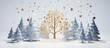 abstract and snowy winter landscape, a beautiful gold tree made of wood stands out against the white background, adorned with hand-painted blue stars, creating a mesmerizing Christmas card that