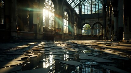  Sunlight filtering through shattered windows onto decayed floors

