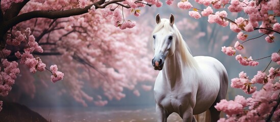 Wall Mural - in the lush green forest, a magnificent white horse grazed peacefully amidst a garden of vibrant pin