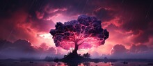 In An Abstract Nature Illustration, The Isolated Black Silhouette Of A Tree Stood Against A Pink Sky, With A Background Of Ominous Clouds, As Light From The Lightning Illuminated The Night And