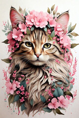  Сute cat illustration with flowers around. Illustration created using generative AI tools