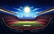 Super bowl graphic poster. American football stadium background for sport event banner full of people at night with city skyline at the background. Rugby championship competition banner. AI Generative