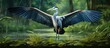 In the lush tropical forest, amidst the swaying grass and vibrant greenery, a majestic great blue heron soared gracefully, its magnificent wings and striking blue feathers a sight to behold for anyone