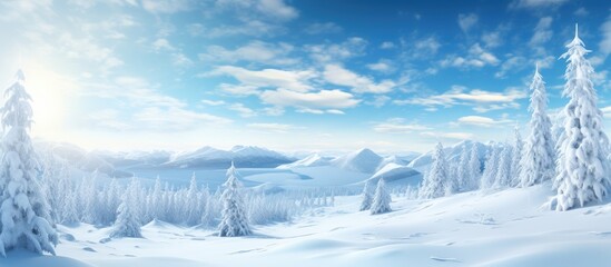 Poster - background of a winter landscape, adorned with snowy forests and mountains, the sun shines brightly in a crisp blue sky, as travelers venture through the peaceful wood, surrounded by the untouched