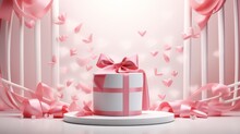 Valentines Day Themed Podium Adorned With Pink Ribbons And White Doves   AI Generated Illustration