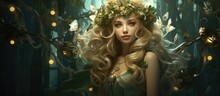 In A Mesmerizing Vintage-inspired 3D Illustration, A Cute Elf Girl With A Headdress Of Leaves And Light Green Attire Embodies The Enchanting Magic Of A Fairy Tale, Captivating Viewers With Her